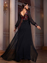 Long Sleeve Floral Sequin Draped Prom Dress SL30076